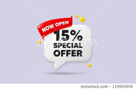 Discount chat speech bubble. Now open flag ribbon. 15 percent discount offer tag. Sale price promo sign. Special offer symbol. 3d sparkle stars speech bubble. Vector Discount chat speech bubble. Now open flag ribbon. 15 percent discount offer tag. Sale price promo sign. Special offer symbol. 3d sparkle stars speech bubble. Vector 135693699