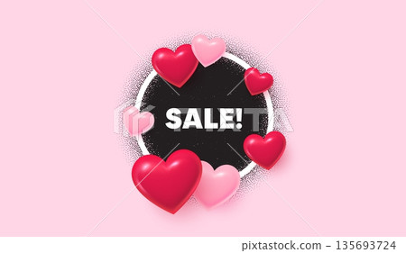 Sale picture frame banner. Circle photo frame. Sale promotion tag. Special offer price sign. Advertising Discounts symbol. 3d hearts balloons. Grain dots pattern. Vector 135693724