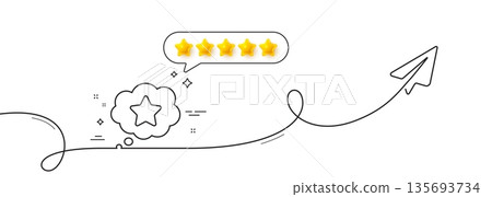 Loyalty star line icon. Continuous line with share plane. Bonus points. Discount program symbol. Five star rate review in speech bubble. Loyalty star single line ribbon. Loop curve pattern. Vector Loyalty star line icon. Continuous line with share plane. Bonus points. Discount program symbol. Five star rate review in speech bubble. Loyalty star single line ribbon. Loop curve pattern. Vector 135693734
