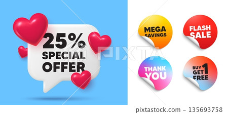Discount speech bubble, sticker tags. Get free, Flash sale stickers. 25 percent discount offer tag. Sale price promo sign. Special offer symbol. Thank you tag. 3d hearts chat bubble. Vector Discount speech bubble, sticker tags. Get free, Flash sale stickers. 25 percent discount offer tag. Sale price promo sign. Special offer symbol. Thank you tag. 3d hearts chat bubble. Vector 135693758
