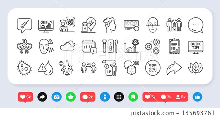Waterproof, Gears and Cloudy weather line icons pack. Social media: share, comment, like icons. Partnership, Analytics graph, Organic tested web icon. Vector 135693761