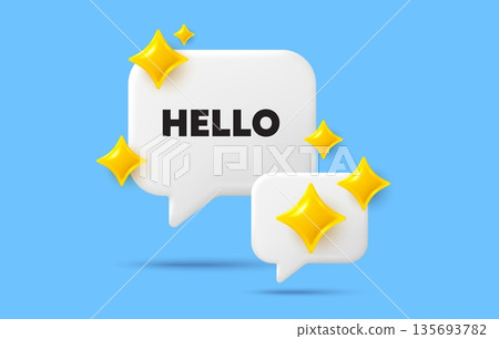 Hello chat speech bubble. Social media concept. Hello welcome tag. Hi invitation offer. Formal greetings message. 3d sparkles chat bubble. Vector 135693782
