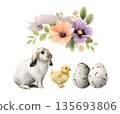Watercolor illustration with bunny, chick, spotted eggs, and floral arrangement with ribbon for Easter holiday greeting card. 135693806