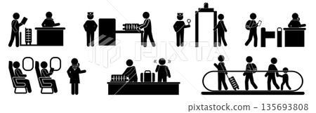 Airport Pictograms showing the process of boarding procedures, baggage claim, etc. 135693808