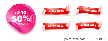 Discount tag sticker, offer ribbons. Apply now, Flash sale. Up to 50 percent discount. Sale offer price sign. Special offer symbol. Save 50 percentages. Pink sticker tag. Flag ribbon banners. Vector 135693932