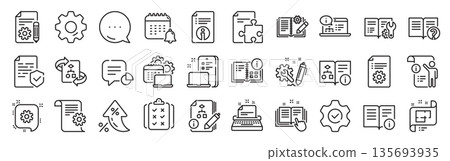 Technical document line icons. Settings gear, Message, Inflation icons. Set of Instruction, Plan and Manual icons. Help document, Building plan and Algorithm symbols. Vector 135693935