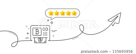 Bitcoin ATM line icon. Continuous line with share plane. Cryptocurrency cash sign. Dollar money symbol. Five star rate review in speech bubble. Bitcoin atm single line ribbon. Vector 135693956