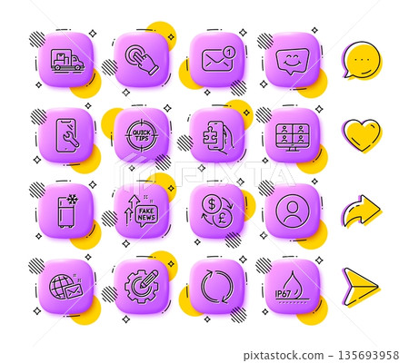Puzzle game, New message and Smile chat line icons. App 3d buttons. Social media comment, share, like icons. Pack of Refresh, Refrigerator, Headshot icon. Vector 135693958