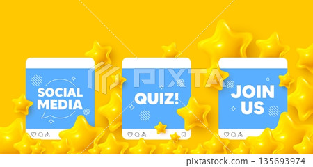 Quiz social media post. Join us template mockup. Quiz tag. Answer question sign. Examination test symbol. Like, comment and share icons. Vector 135693974