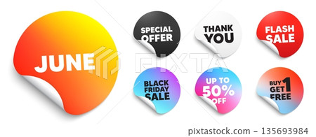 June sticker tag. Special offer paper price tags. June month icon. Event schedule Jun date. Meeting appointment planner. Discount, black friday sticker. Promo banner. Vector June sticker tag. Special offer paper price tags. June month icon. Event schedule Jun date. Meeting appointment planner. Discount, black friday sticker. Promo banner. Vector 135693984