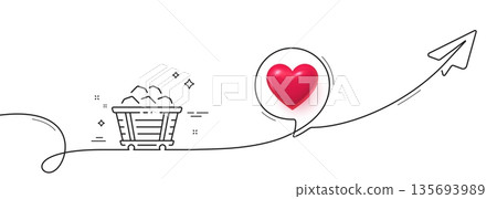 Coal trolley line icon. Continuous line with share plane. Mine wagon sign. Stone or Rock cart symbol. 3d heart in speech bubble. Coal trolley single line ribbon. Loop curve pattern. Vector 135693989