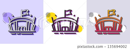 Sports stadium line icon. Halftone dotted pattern. Gradient icon with grain shadow. Arena with flag sign. Sport complex symbol. Line arena icon. Various designs. Vector 135694002