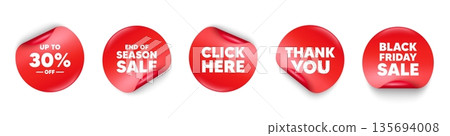 Discount tag sticker tag. Season sale, Black friday paper price banners. Up to 30 percent off sale. Discount offer price sign. Special offer symbol. Save 30 percentages. Thank you sticker. Vector 135694008