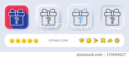 Gift box with Question mark line icon. Neumorphic, Flat shadow, 3d buttons. Present or Sale sign. Birthday Shopping symbol. Package in Gift Wrap. Line secret gift icon. Social media icons. Vector Gift box with Question mark line icon. Neumorphic, Flat shadow, 3d buttons. Present or Sale sign. Birthday Shopping symbol. Package in Gift Wrap. Line secret gift icon. Social media icons. Vector 135694027