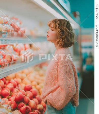 Young Woman Browsing Fresh Peaches in a Supermarket Aisle 135694120