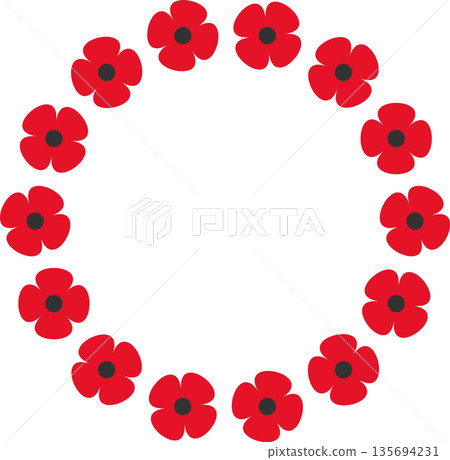 Red poppy flower wreath on transparent background for Remembrance Day and ANZAC Day vector illustration Red poppy flower wreath on transparent background for Remembrance Day and ANZAC Day vector illustration 135694231