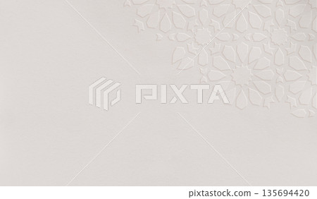 Minimal Soft Beige Embossed Paper Background. Decorative Geometric Moroccan Pattern, Mosaic tiles. Elegant Neutral Texture Copy Space. Luxury Branding, Ramadan Invitations. Islamic Wedding Design 135694420