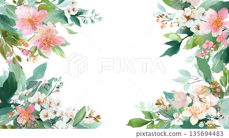 水彩風格柔和的花卉植物邊框背景 135694483