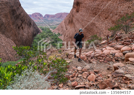 Hiker climbing steep trail between red rock domes of Kata Tjuta, Australia Hiker climbing steep trail between red rock domes of Kata Tjuta, Australia 135694557