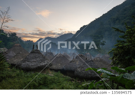 Traditional Kogi village huts at dawn on Lost City Trek, Colombia Traditional Kogi village huts at dawn on Lost City Trek, Colombia 135694575