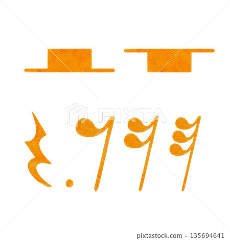 Whole, half, quarter and eighth musical rests isolated on white background, hand-painted watercolor. Music theory symbols for education, sheet music design, lessons, worksheets, apps teaching 135694641