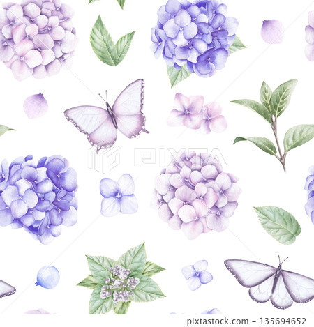 Watercolor seamless pattern with butterflies and hydrangea flowers and leaves. Hand drawn illustration Watercolor seamless pattern with butterflies and hydrangea flowers and leaves. Hand drawn illustration 135694652