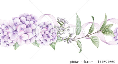 Seamless border with pink hydrangea flowers, leaves, buds and ribbons isolated on white background. Watercolor seamless hand drawn illustration. Seamless border with pink hydrangea flowers, leaves, buds and ribbons isolated on white background. Watercolor seamless hand drawn illustration. 135694660