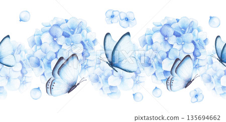 Watercolor seamless border with blue hydrangea flowers and butterflies isolated on white background. Hand drawn illustration. 135694662