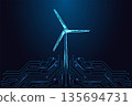 Digital Wind Turbine over circuit lines. Renewable Energy Green Power Tech Futuristic Vector Design 135694731