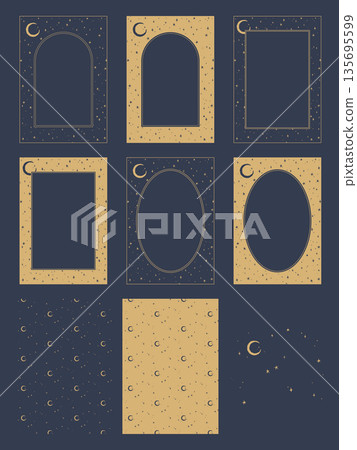 A4豎版設計套裝，包含神秘的金色邊框和無縫銜接的月亮與星星圖案。 135695599