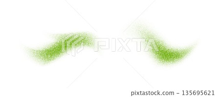 Matcha powder splashes set. Greed tea leaves particles bursts. Herbal dust sand textured piles. Flying dry flakes scattered on surface. Asian natural drink beverage ingredient explosion. Vector Matcha powder splashes set. Greed tea leaves particles bursts. Herbal dust sand textured piles. Flying dry flakes scattered on surface. Asian natural drink beverage ingredient explosion. Vector 135695621