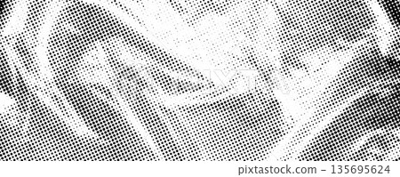 Halftone wrinkled cellophane overlay. Dotted crumpled plastic texture. Old rough creased film background. Aged creasy surface in comic pop art style. Grainy cartoon gritty paper wallpaper. Vector 135695624
