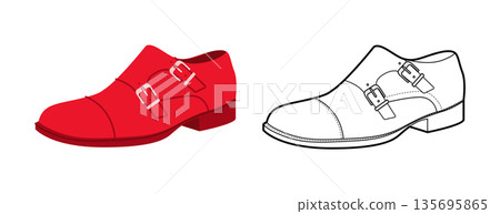 Monkstrap mens red double buckle flat plus line set. Twin strap leather footwear modern formal smart casual style. 135695865