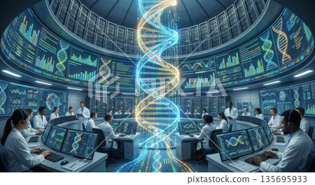 The future of genetic information and DNA testing: Laboratory personnel conducting analysis using cutting-edge technology 135695933