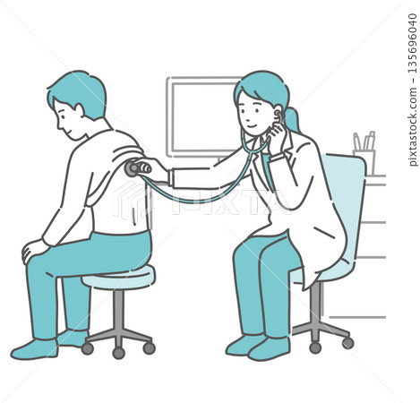 Illustration of a female doctor in a white coat auscultating and examining a male patient's back Illustration of a female doctor in a white coat auscultating and examining a male patient's back 135696040