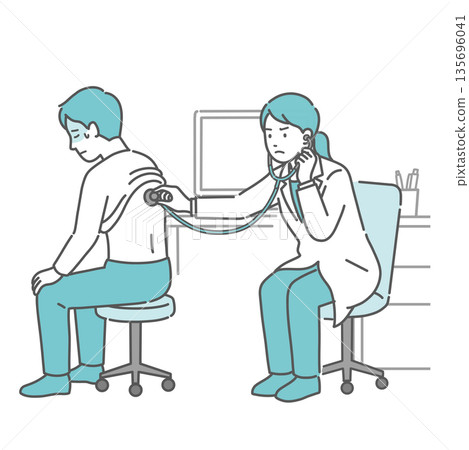 Illustration of a man with a cold sweat receiving a stethoscope on his back and a female doctor in a white coat with a serious expression Illustration of a man with a cold sweat receiving a stethoscope on his back and a female doctor in a white coat with a serious expression 135696041