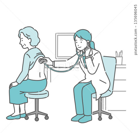 Illustration of a female doctor in a white coat auscultating and examining the back of an elderly woman (grandmother) Illustration of a female doctor in a white coat auscultating and examining the back of an elderly woman (grandmother) 135696045