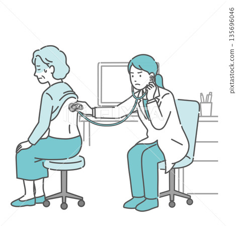 Illustration of an elderly woman with a cold sweat receiving a stethoscope on her back and a female doctor in a white coat with a serious expression Illustration of an elderly woman with a cold sweat receiving a stethoscope on her back and a female doctor in a white coat with a serious expression 135696046