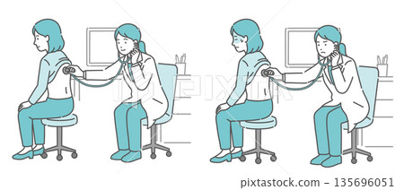 一組插圖，描繪了一位身穿白大褂的女醫生為一位女病人聽診背部的情況（正常、異常、不適）。 135696051