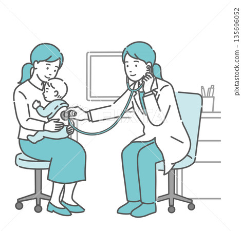 Illustration of a female doctor (pediatrician) wearing a white coat auscultating the backs of a baby and mother Illustration of a female doctor (pediatrician) wearing a white coat auscultating the backs of a baby and mother 135696052