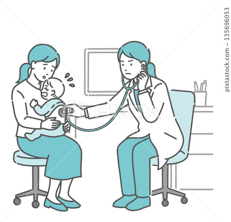 Illustration of a crying baby, a worried mother, and a female doctor receiving a back auscultation 135696053