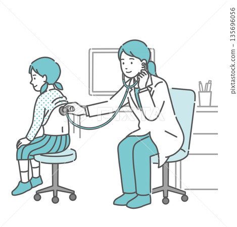 Illustration of a female doctor (pediatrician) in a white coat auscultating and examining a girl's back 135696056