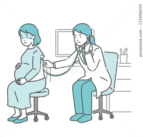Illustration of a pregnant woman with a cold sweat receiving a stethoscope on her back and a female doctor in a white coat with a serious expression 135696059