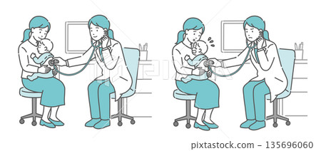 一組插圖，描繪了一位身穿白大褂的女醫生（兒科醫生）為嬰兒背部聽診（正常、異常、不適） 135696060