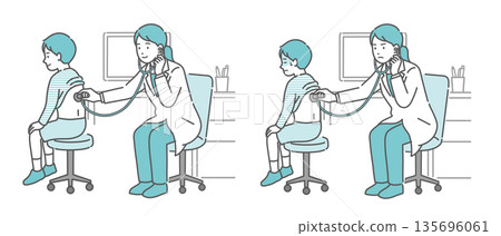 一組插圖,描繪了一位身穿白大褂的女醫生為一名男孩聽診背部(正常、異常、不適) 一組插圖,描繪了一位身穿白大褂的女醫生為一名男孩聽診背部(正常、異常、不適) 135696061