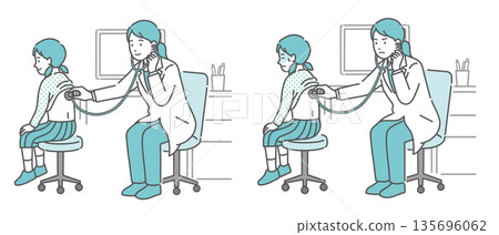 Illustration set of auscultation of a girl's back by a female doctor in a white coat (normal, abnormal, unwell) 135696062