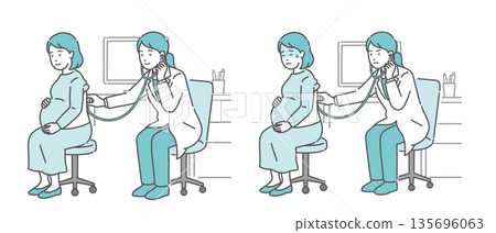 一組插圖，描繪了一位身穿白大褂的女醫生為孕婦聽診背部（正常、異常、不適） 135696063