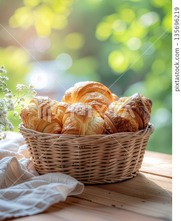 Golden Croissants in Wicker Basket on Wooden Surface with Soft Sunlight 135696219