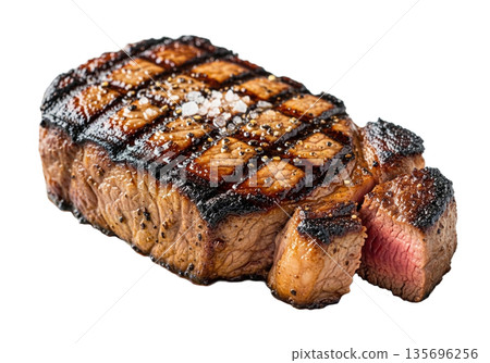 Juicy Grilled Beef Steak with Perfect Char Marks isolated on transparent background. Juicy Grilled Beef Steak with Perfect Char Marks isolated on transparent background. 135696256