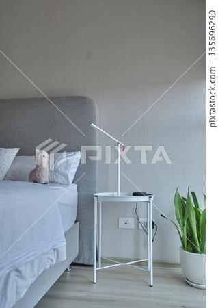 Bedroom interior with modern lamp, nightstand, and snake plant Bedroom interior with modern lamp, nightstand, and snake plant 135696290